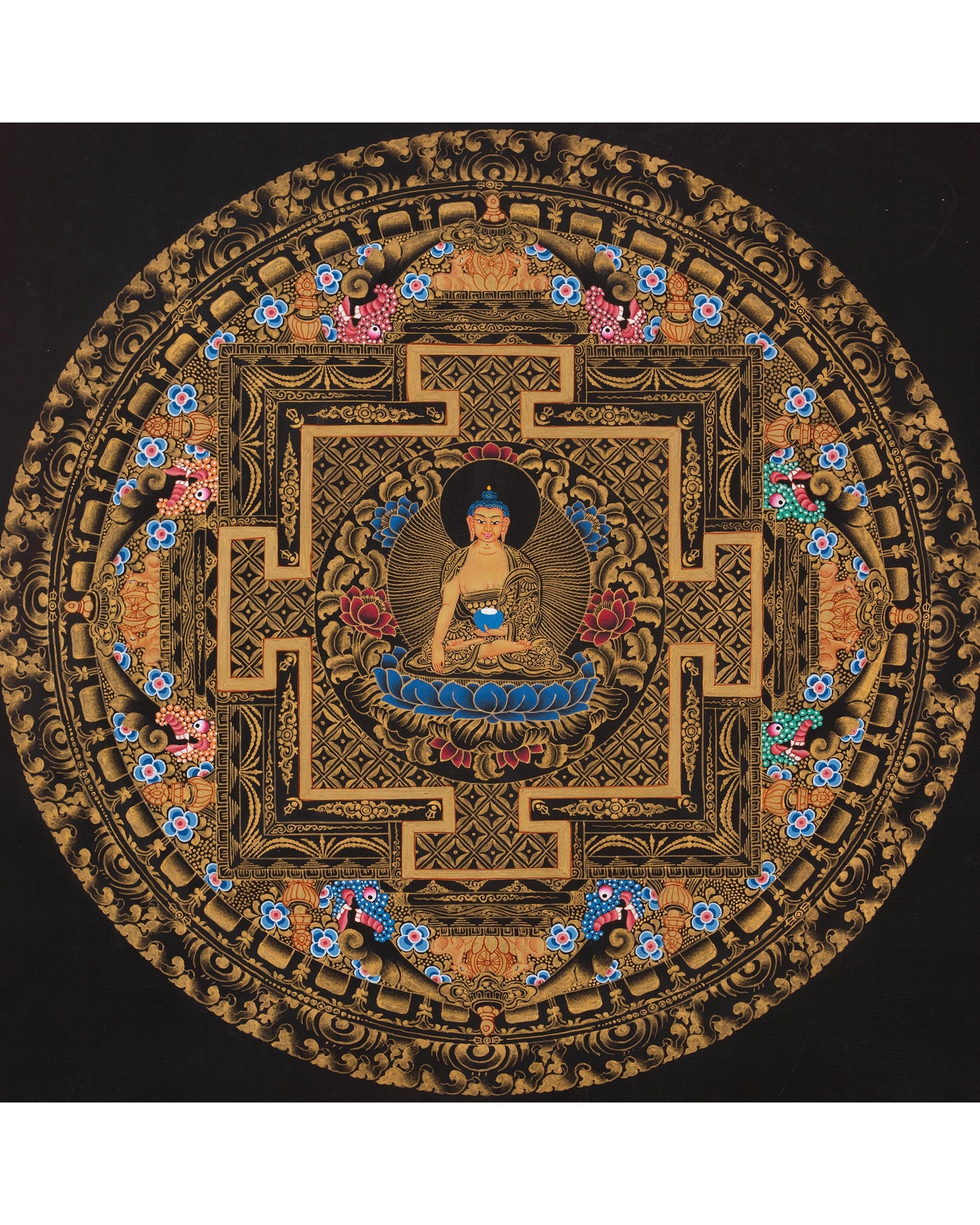 Full 24K Gold Style Shakyamuni Buddha Mandala Thangka | Wall Hanging Yoga Meditation Art