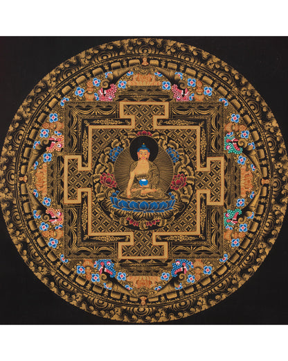 Full 24K Gold Style Shakyamuni Buddha Mandala Thangka | Wall Hanging Yoga Meditation Art