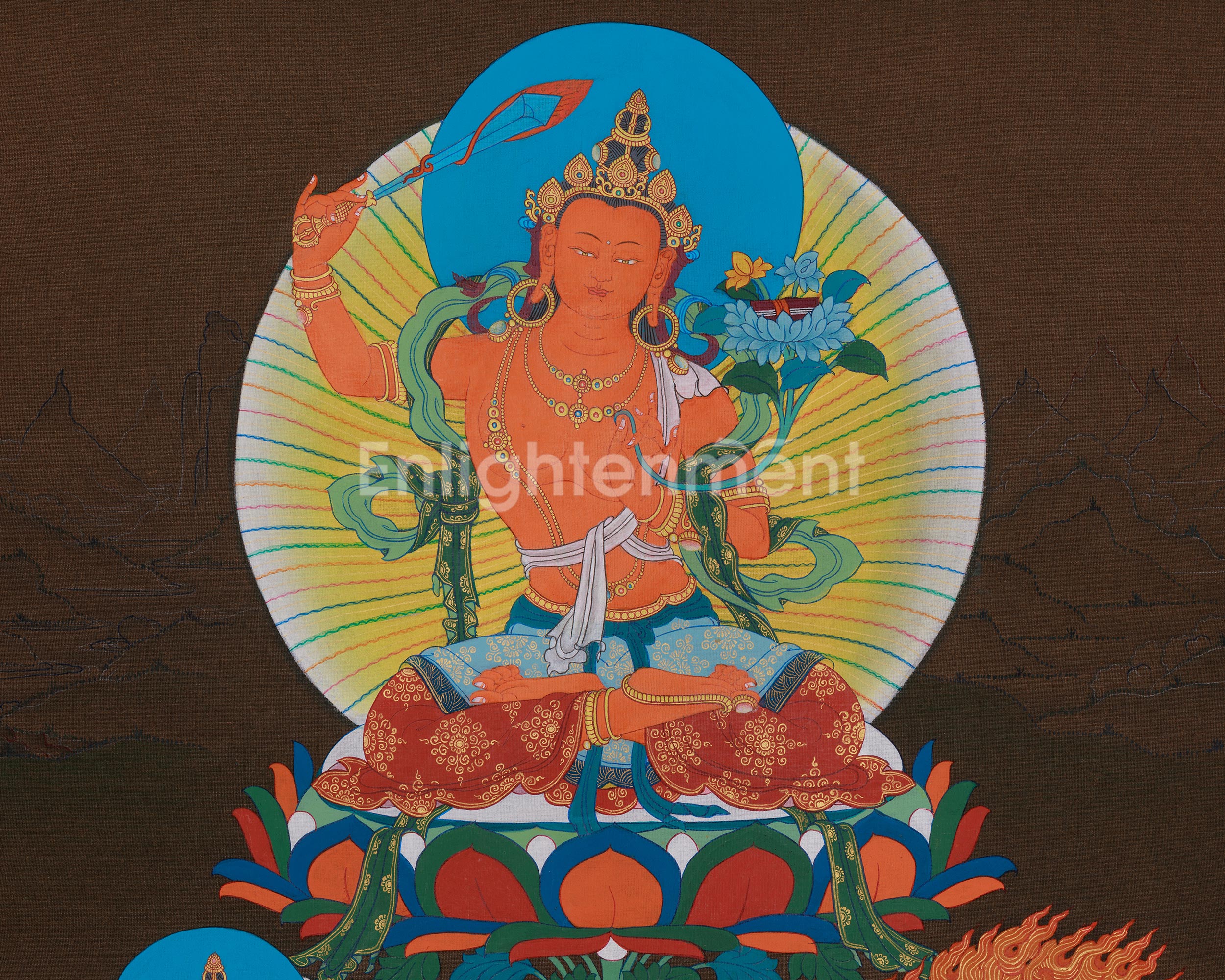 Sacred Thangka of Manjushri with Chenrezig and Vajrapani | Three Great Bodhisattvas