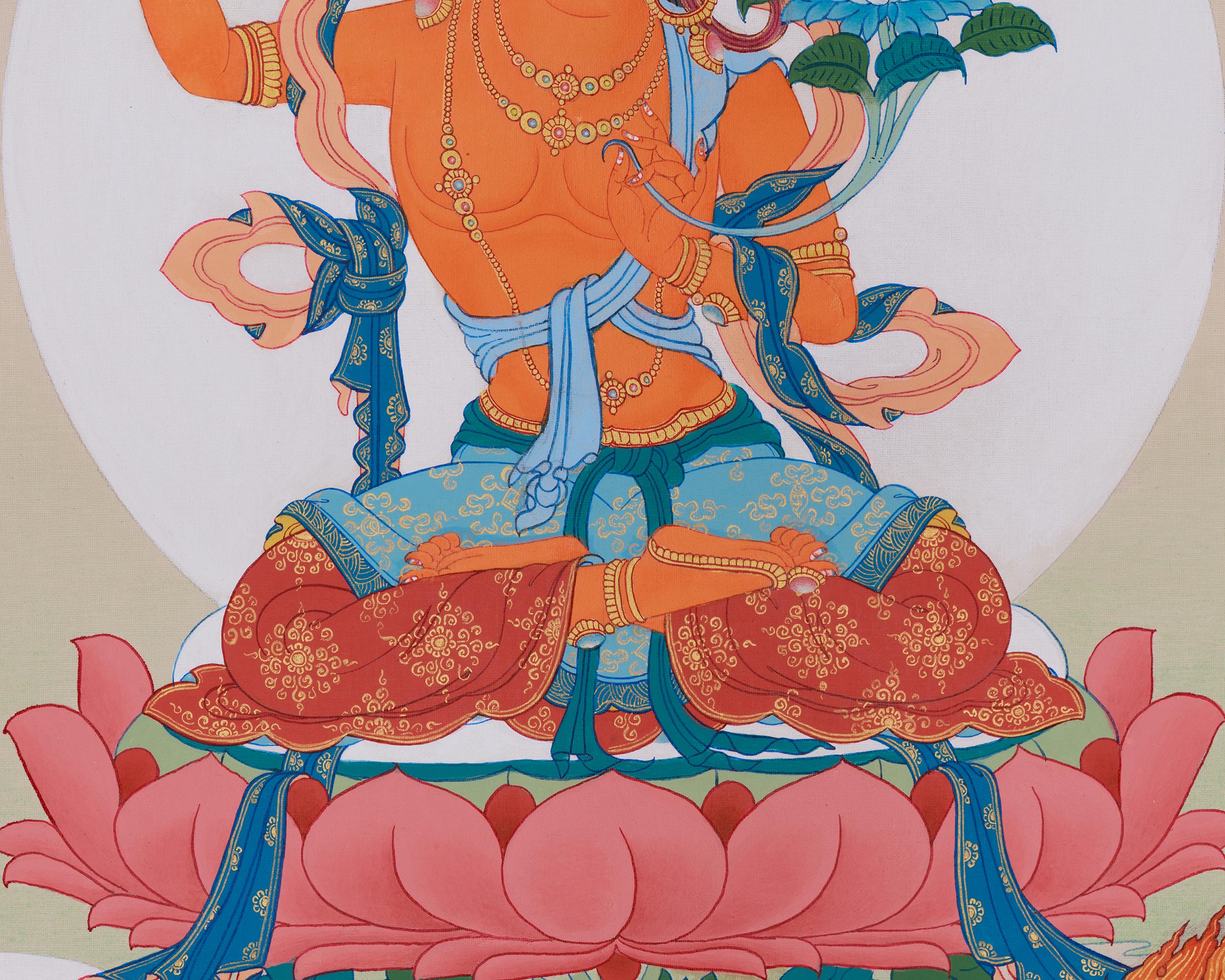 Manjushri with Chenrezig and Vajrapani Thangka | The Divine Triad of Wisdom, Compassion, and Protection