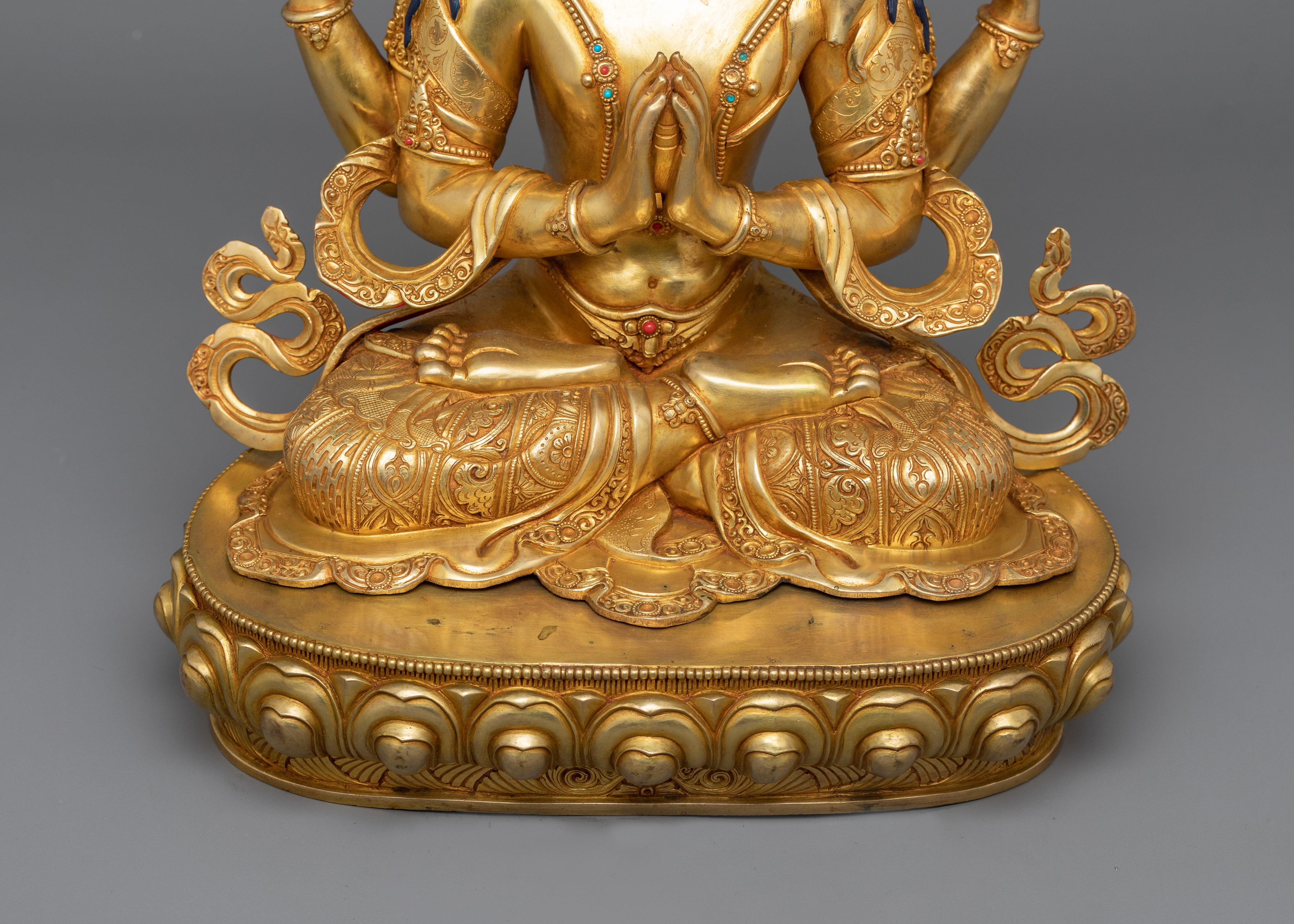 Handmade Tibetan Avalokiteshvara Chenrezig Statue | 24K Gold Gilded with Copper Body