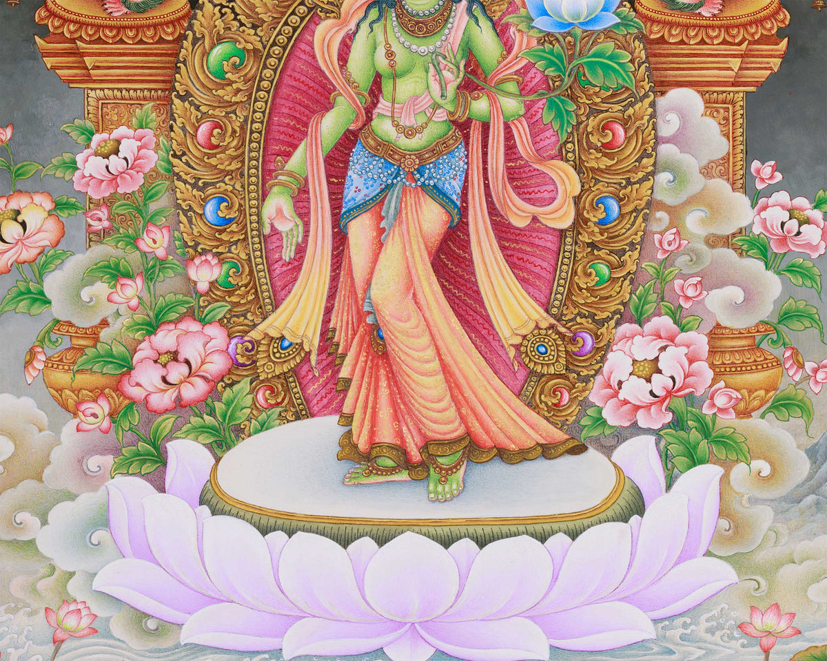 Paubha Masterpiece of Tibetan Goddess Standing Green Tara | Guardian of the Eight Fears