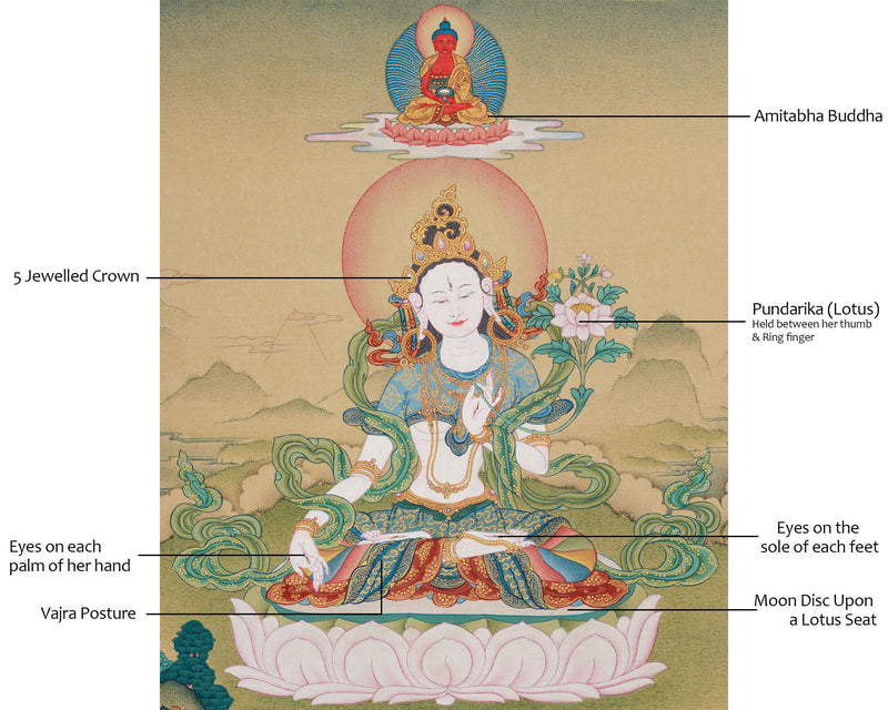 Goddess White Tara With Amitabha Thangka |  Healing, Longevity and Spiritual Protection