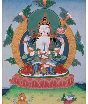 Traditional Hand Painted Chenrezig Thangka Painting | Chenrezig Thangka