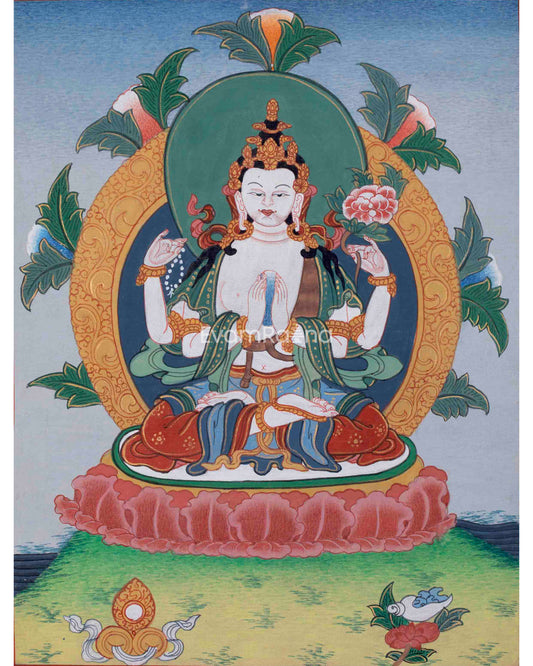 Traditional Hand Painted Chenrezig Thangka Painting | Chenrezig Thangka