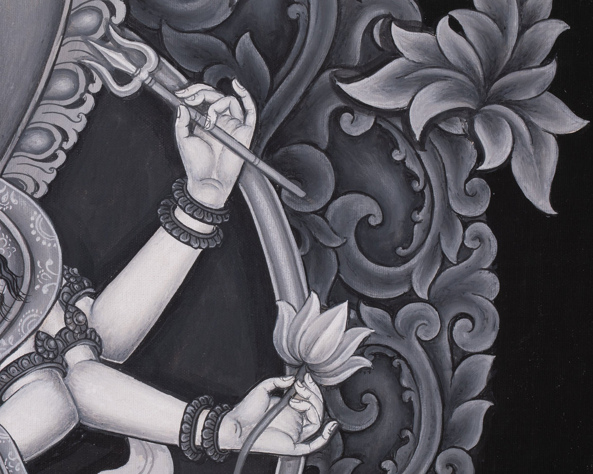 Black and White Bodhisattva Chenrezig Thangka | Avalokiteshvara Art | Compassion Deity