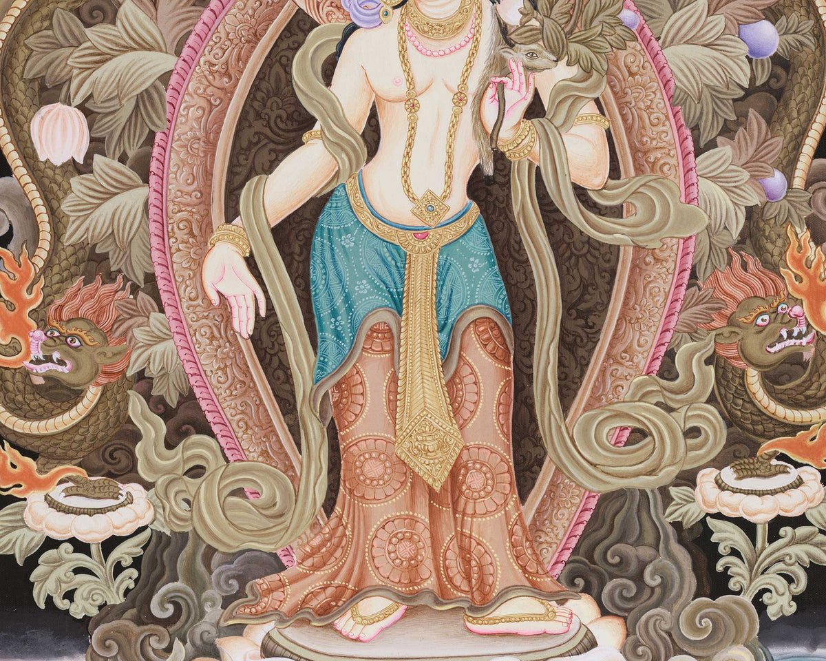 Standing Compassion Deity Chenrezig Thangka | Symbol of Divine Love