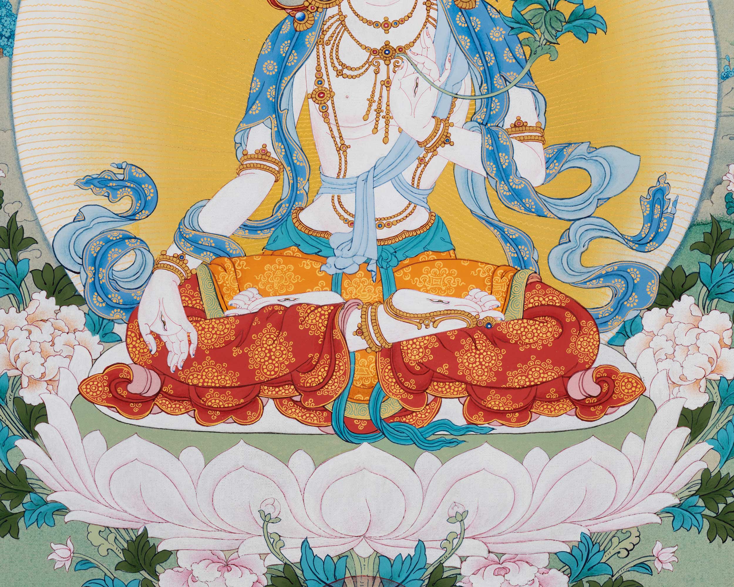 High-Quality Canvas Print of Mother Tara Thangka | White Tara's Deity of Long Life, Health, Healing & Compassion