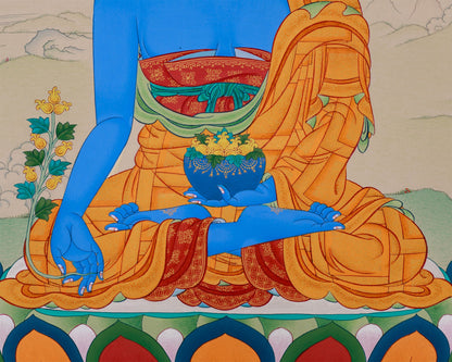 Lapis Lazuli Medicine Buddha Thangka | Healing and Compassion Through Sacred Art