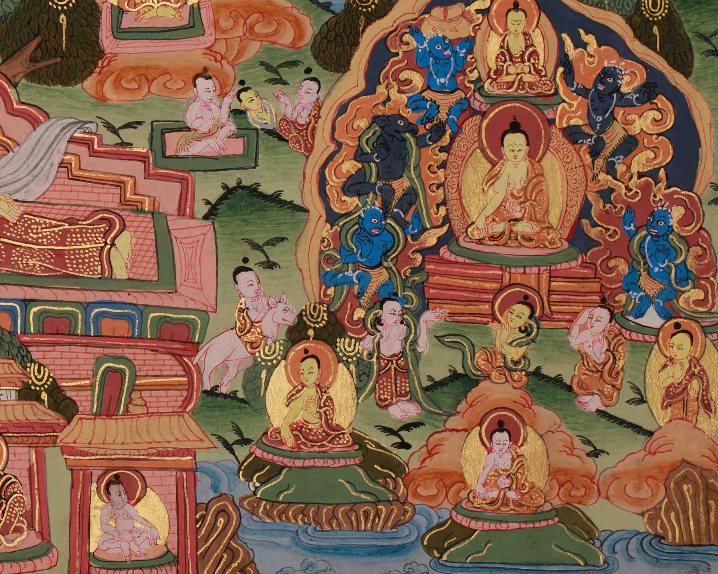 Traditional Buddha Life Story Thangka | Sacred Journey from Birth to Enlightenment