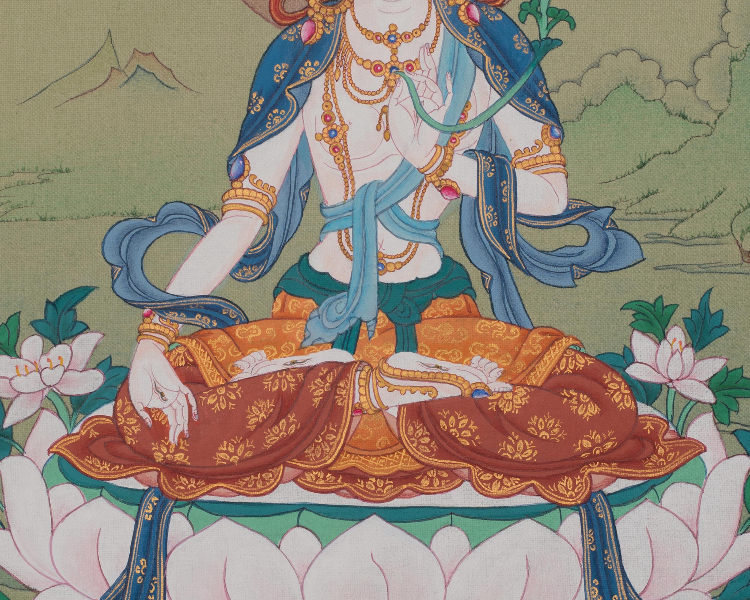 White Tara Spiritual Thangka | Seven Eyed Deity | Healing Deity | Home Decor