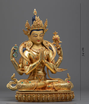 Religious Statue For Mantra Avalokitesvara | Gold Gilded Statue For Meditation