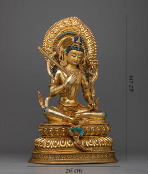 Monju Bosatsu in Nepalese Copper Art Depiction | Embrace Wisdom with Majestic Manjushri Statue