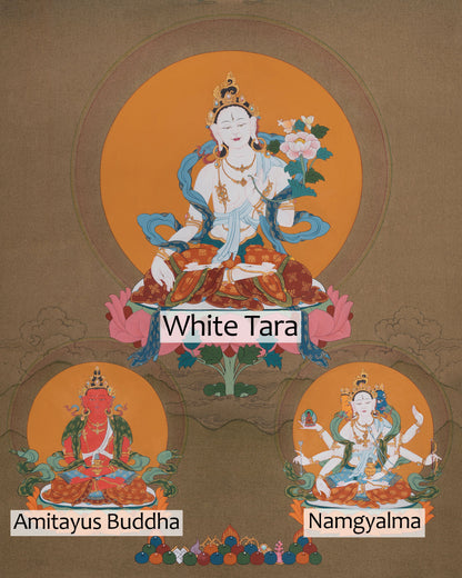 Sacred Three Long Life Deities Thangka | White Tara, Amitayus Buddha and Namgyalma