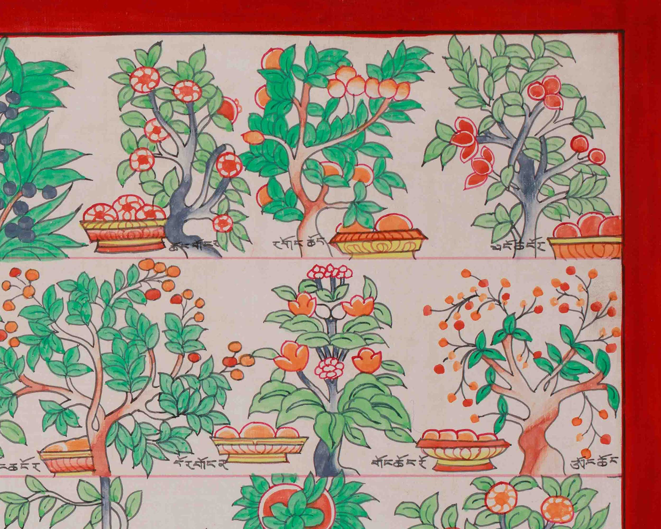Medicine Buddha Healing Plants Thangka | Botanical Thangka