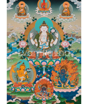 Chenrezig With Manjushri & Vajrapani Thangka Print | The Guardians of Wisdom and Compassion | Wall Decorations