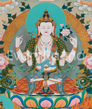 Chenrezig With Manjushri & Vajrapani Thangka Print | The Guardians of Wisdom and Compassion | Wall Decorations