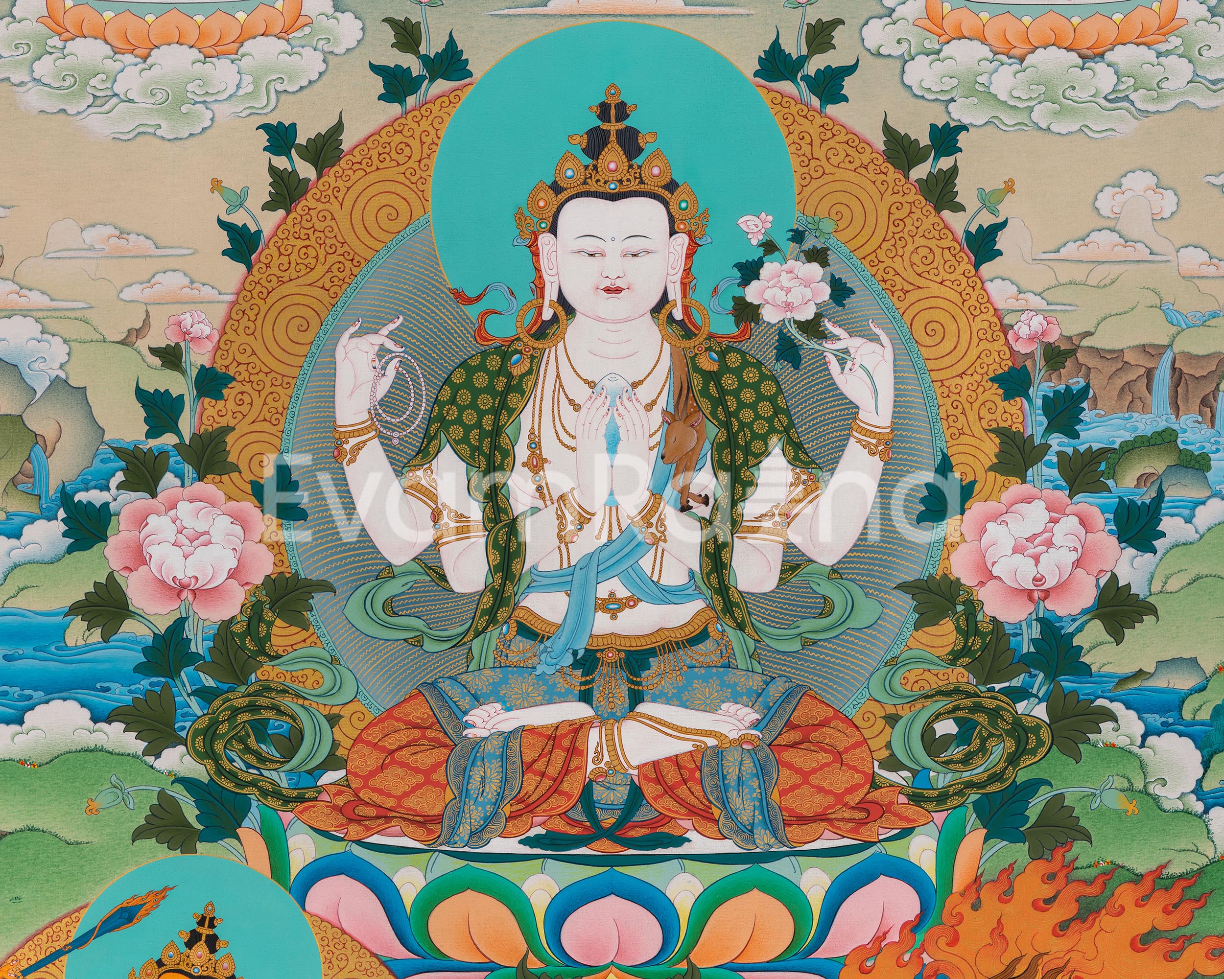 Chenrezig With Manjushri & Vajrapani Thangka Print | The Guardians of Wisdom and Compassion | Wall Decorations