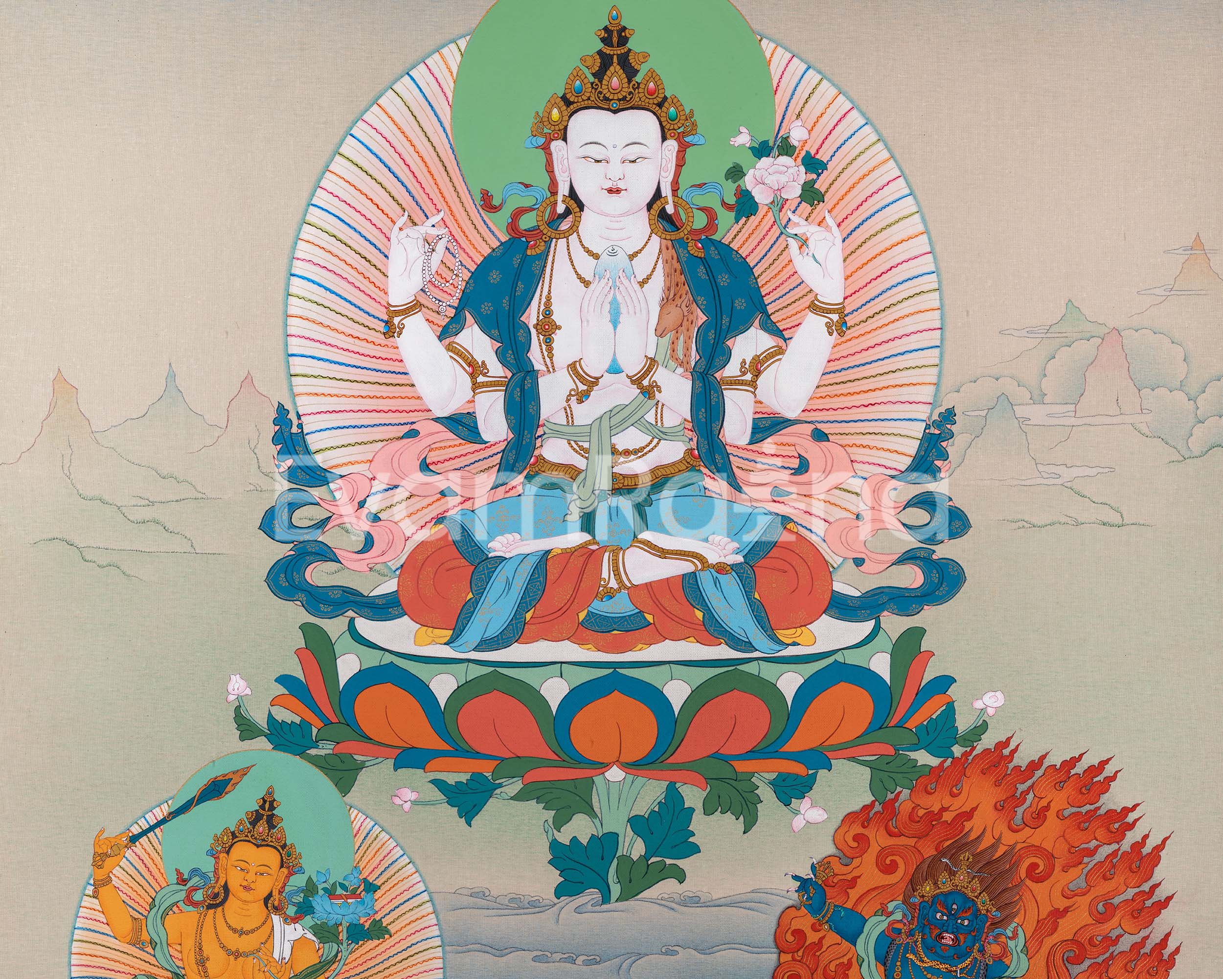 Chenresig with Vajrapani and Manjushri Thangka Print