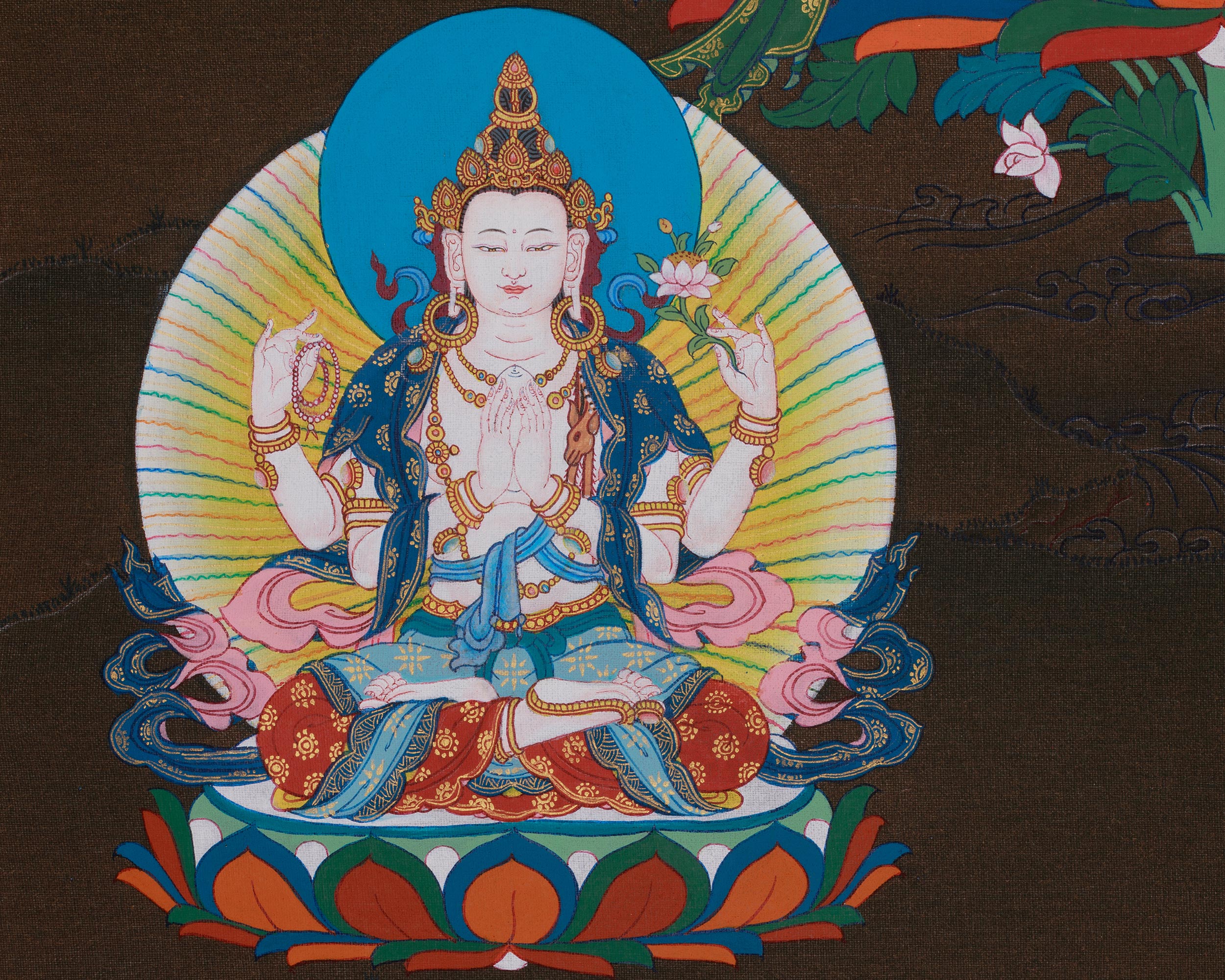 Sacred Thangka of Manjushri with Chenrezig and Vajrapani | Three Great Bodhisattvas