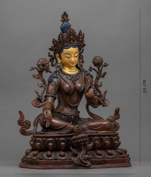 Gold-Gilded Statue Of Green Tara Face For Meditation | Buddhist Deity Figurine For Ritual