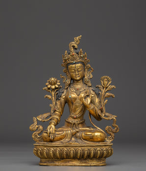 Peaceful Golden White Tara Statue in Copper