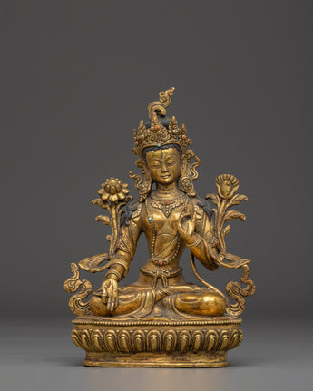 Peaceful Golden White Tara Statue in Copper