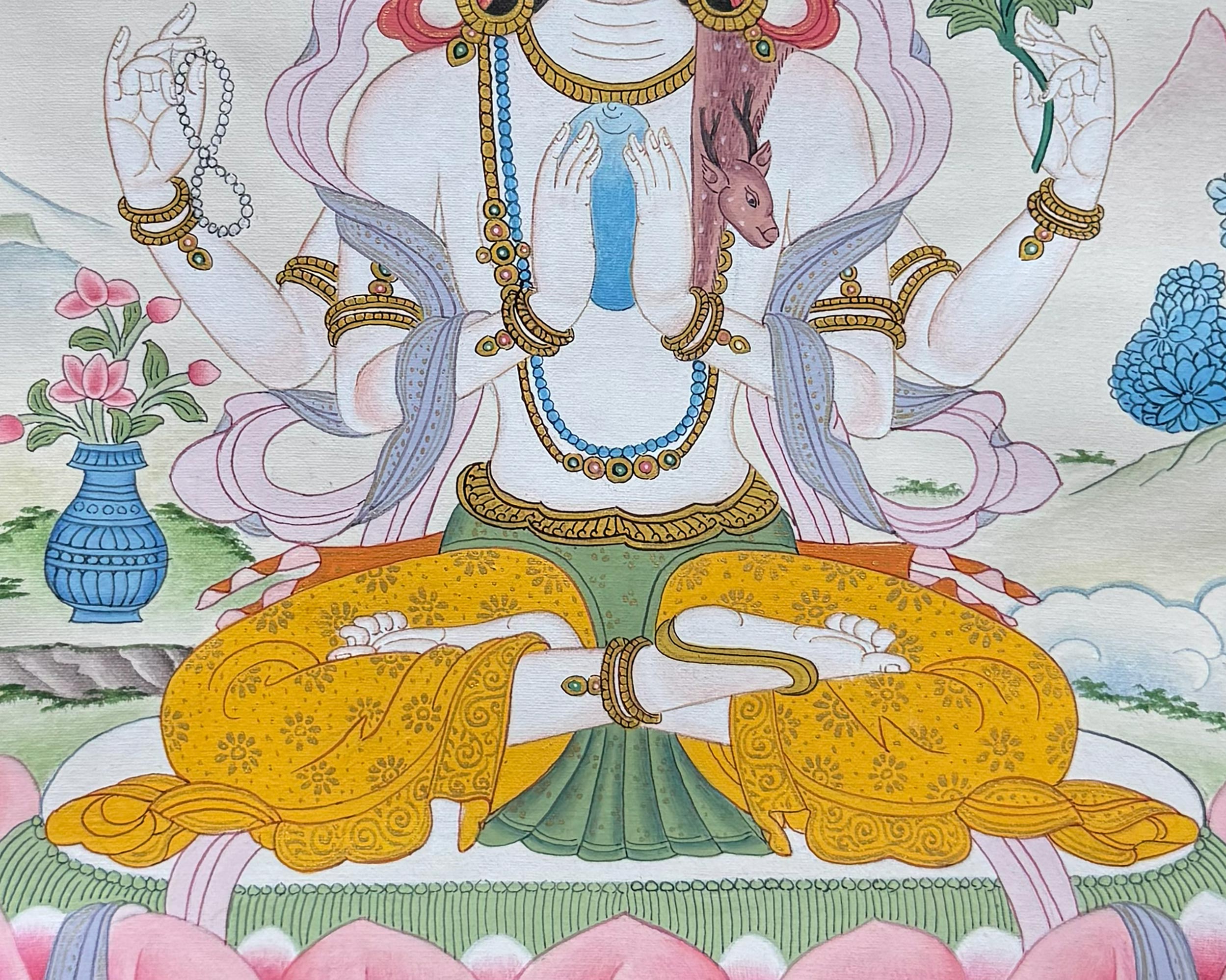 Chenrezig Thangka With Brocade | Embodiment of Universal Love