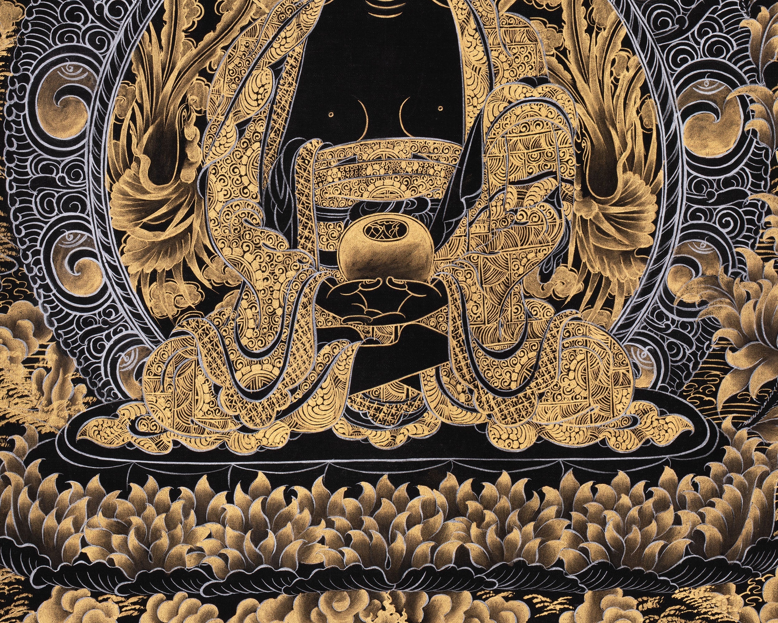 Gold Amitabha Buddha Thangka | Tibetan Art of Infinite Light & Compassion