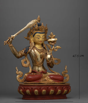 Manjushri Gold Gilded Oxidized Statue| Embodiment of Wisdom and Enlightenment