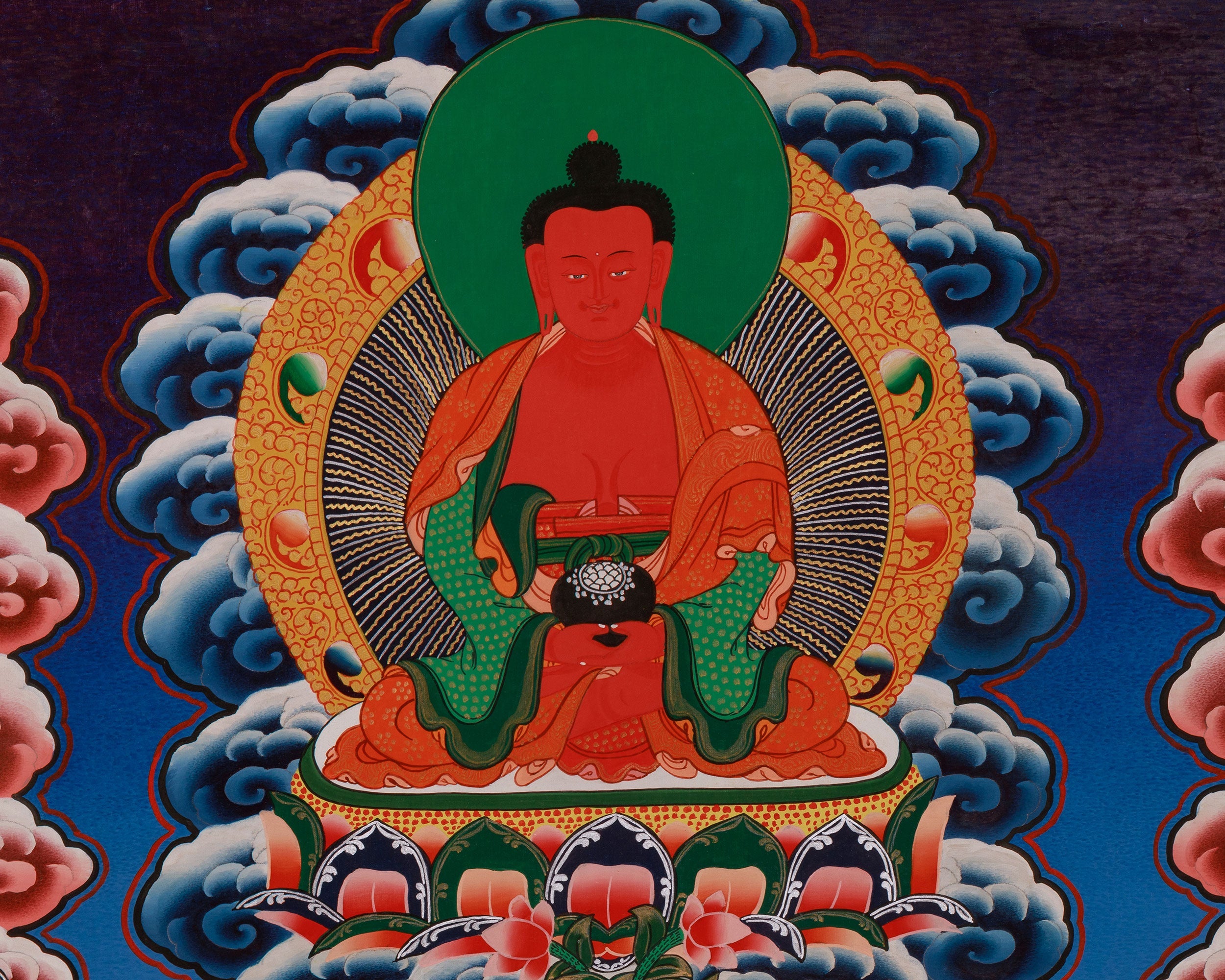 Divine Thangka of Chenrezig | Avalokiteshvara, 5 Dhyani Buddhas, White Tara, Green Tara, Manjushri & Vajrapani
