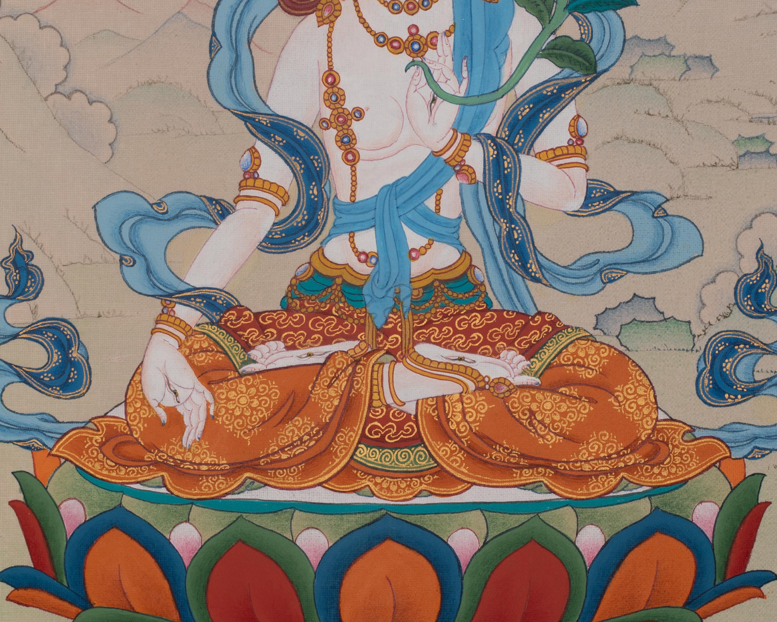 White Tara Longevity Artwork | Meditation Thangka | Seven Eyed Deity | Home Decor