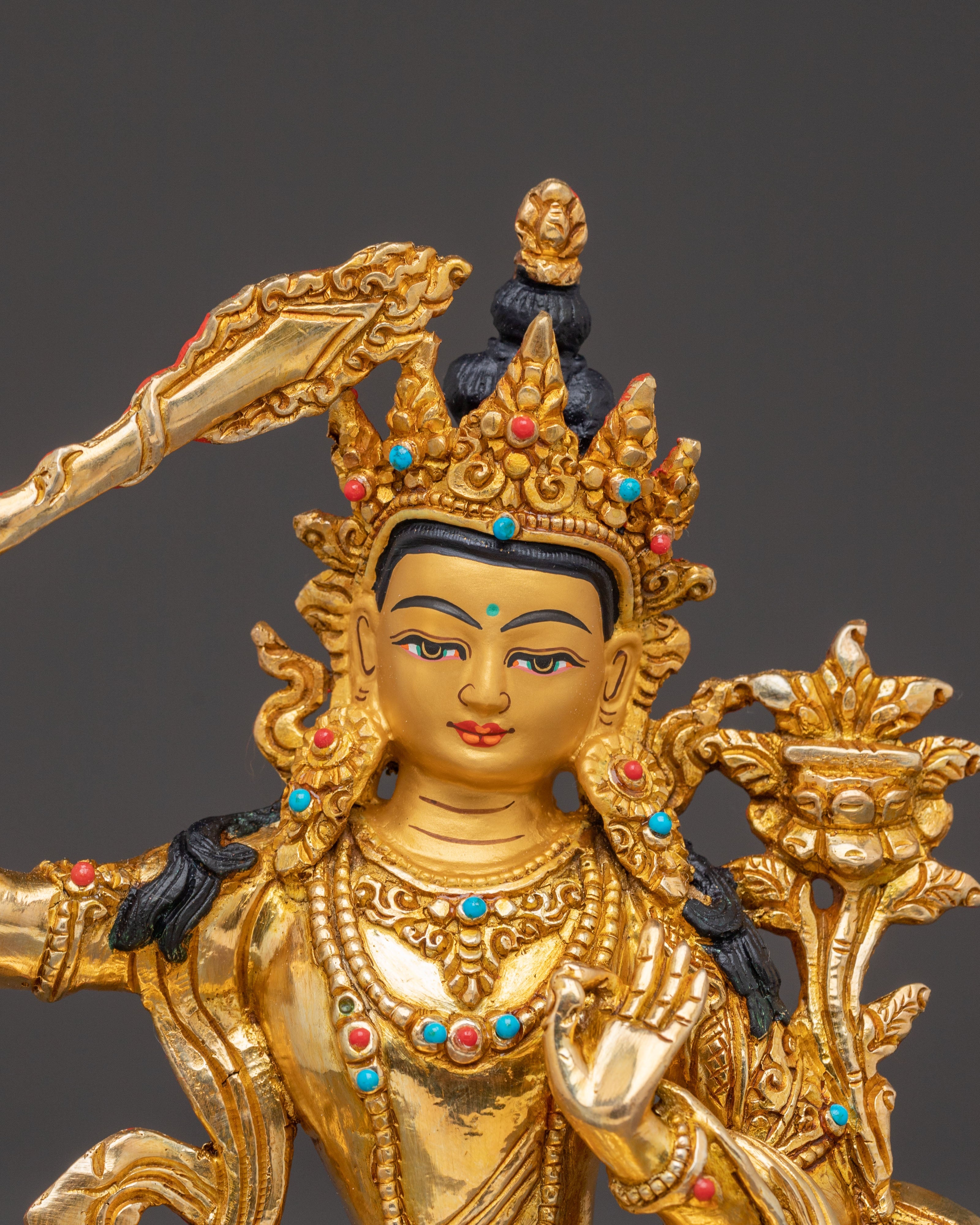 Tibetan Wisdom Deity Manjushri Statue – 24K Gold Gilded Copper Statue