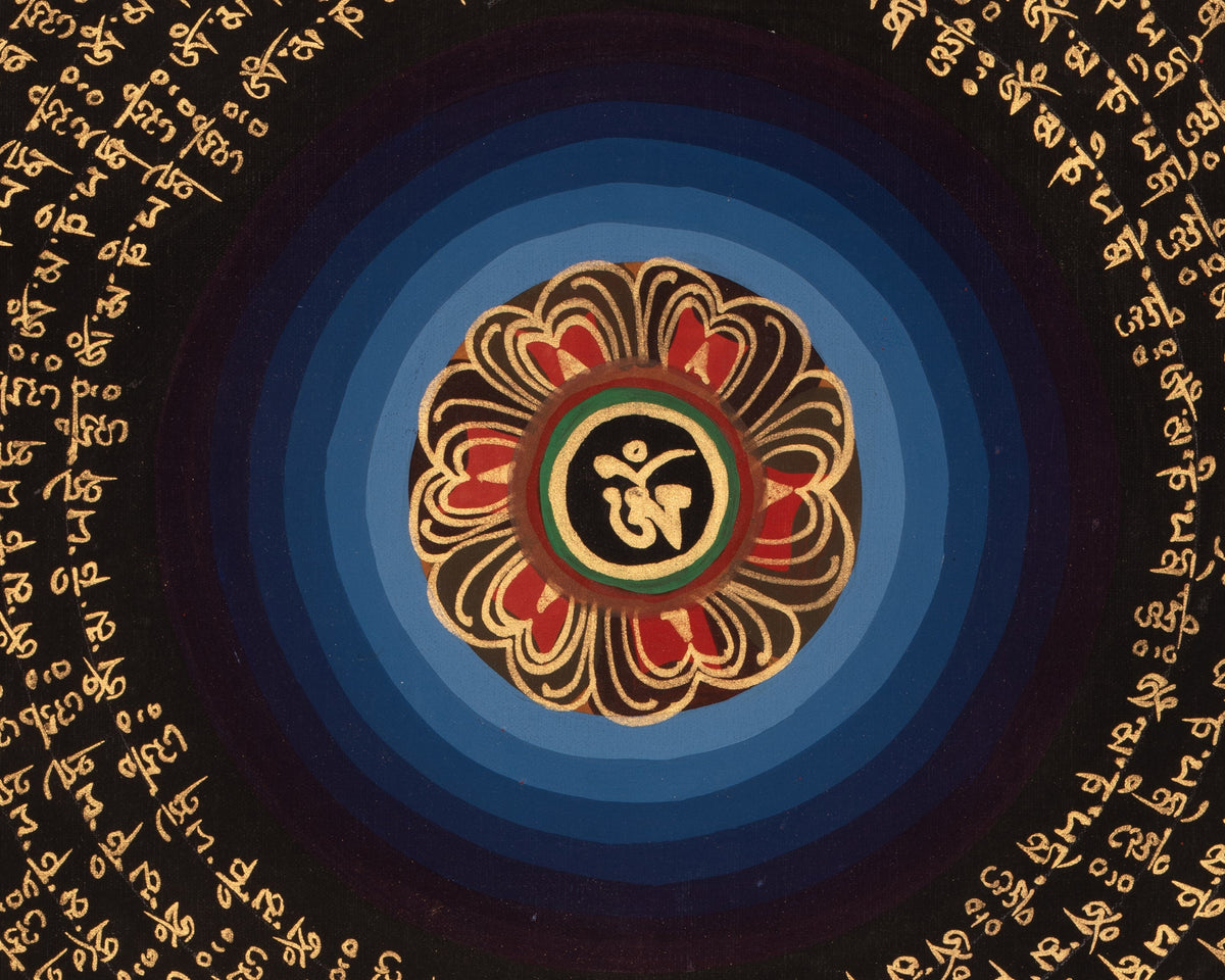 Om Mantra Mandala Thangka | Sacred Tibetan Buddhist Gold-on-Black Painting