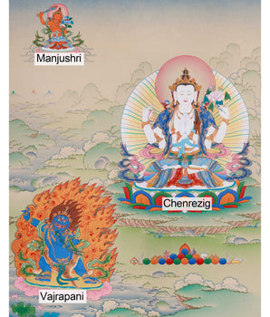 Thangka of Four-Armed Chenrezig, Compassion Buddha | With Manjushri and Vajrapani