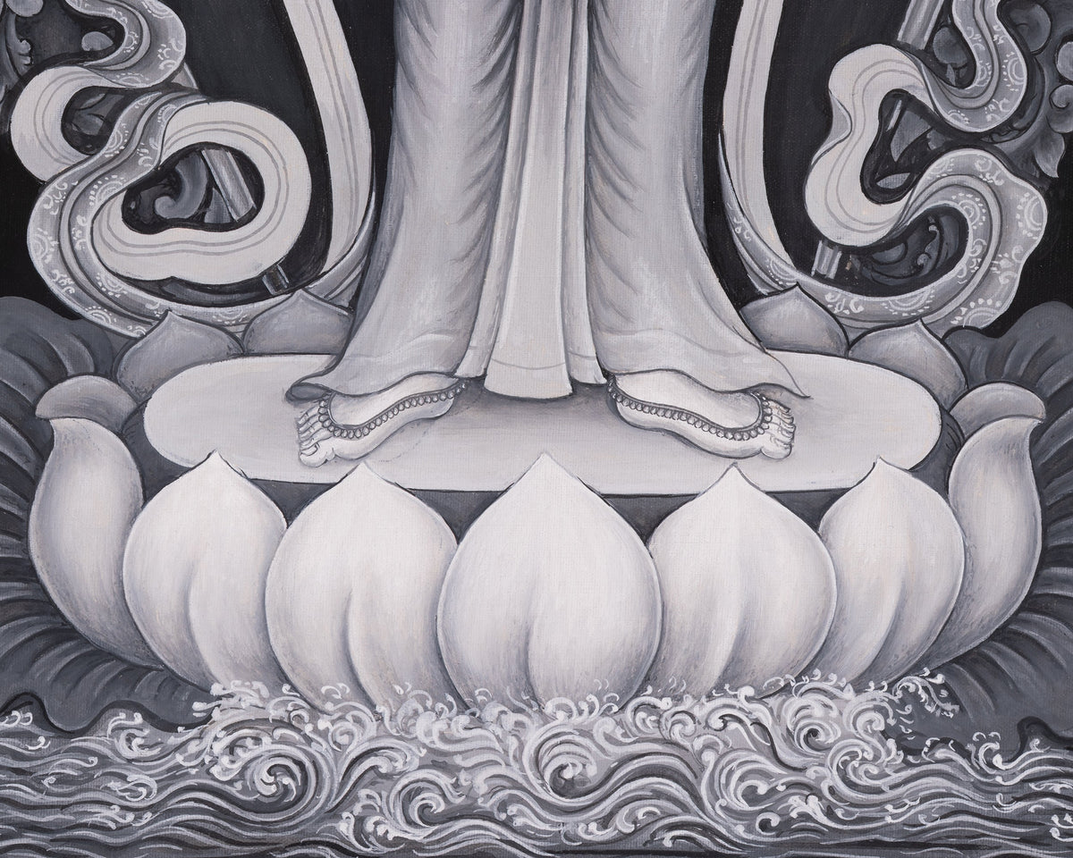 Black and White Bodhisattva Chenrezig Thangka | Avalokiteshvara Art | Compassion Deity