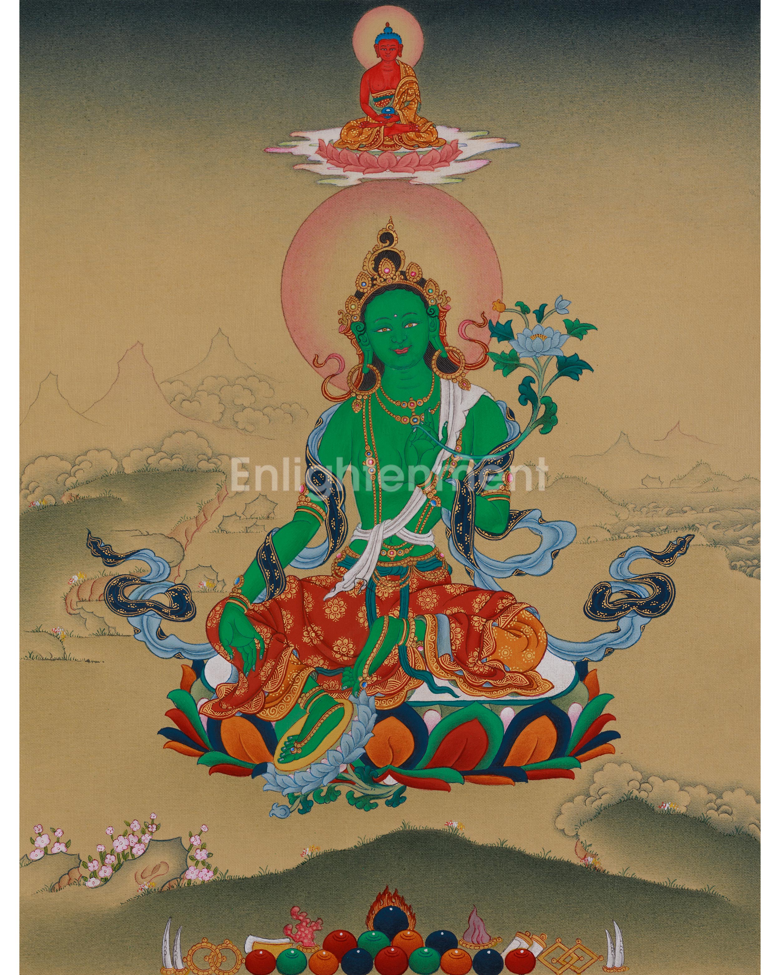 Divine Green Tara With Amitabha Buddha Thangka