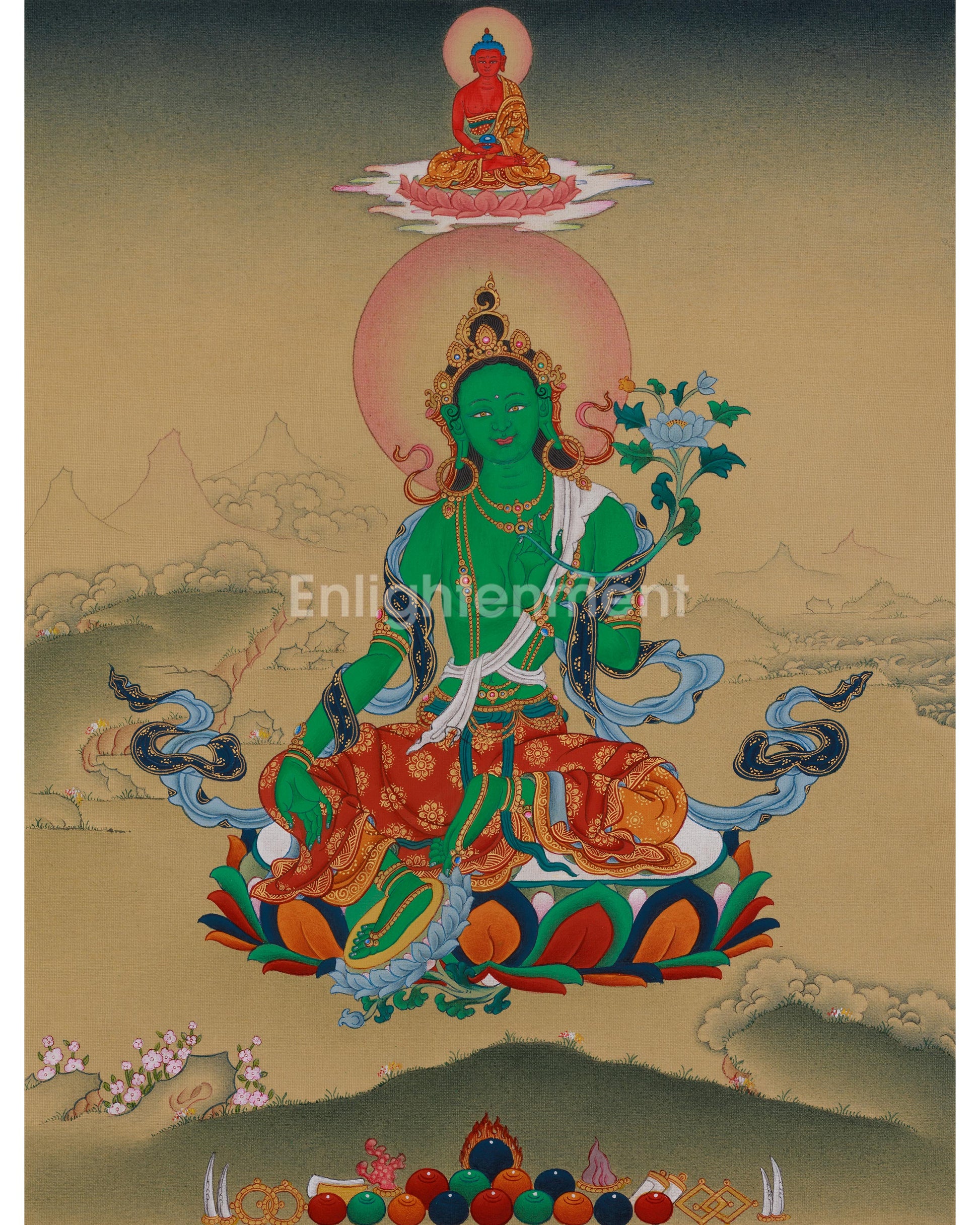 Divine Green Tara With Amitabha Buddha Thangka