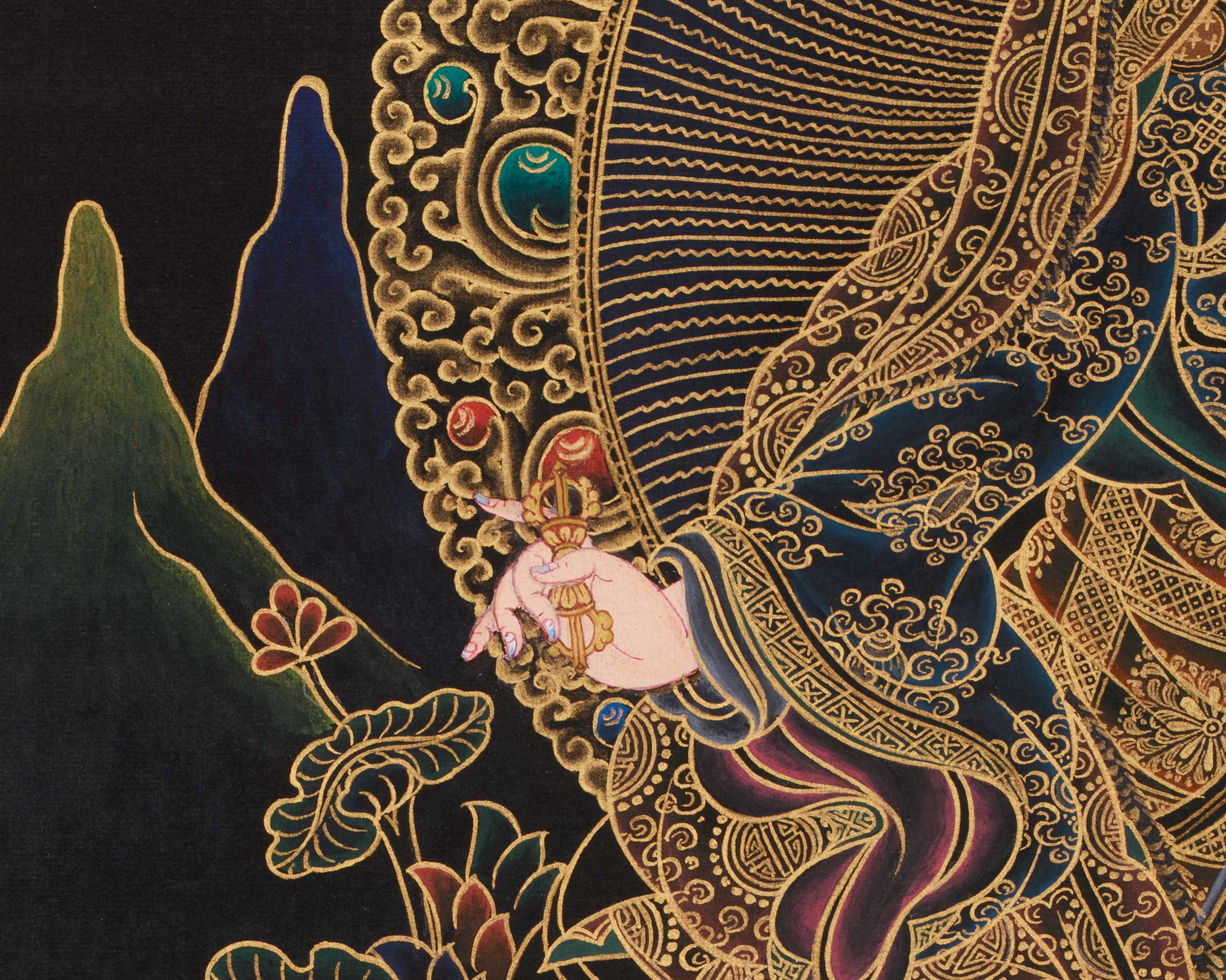 Black and Gold Thangka of Guru Rinpoche | Tantric Master of Vajrayana Buddh