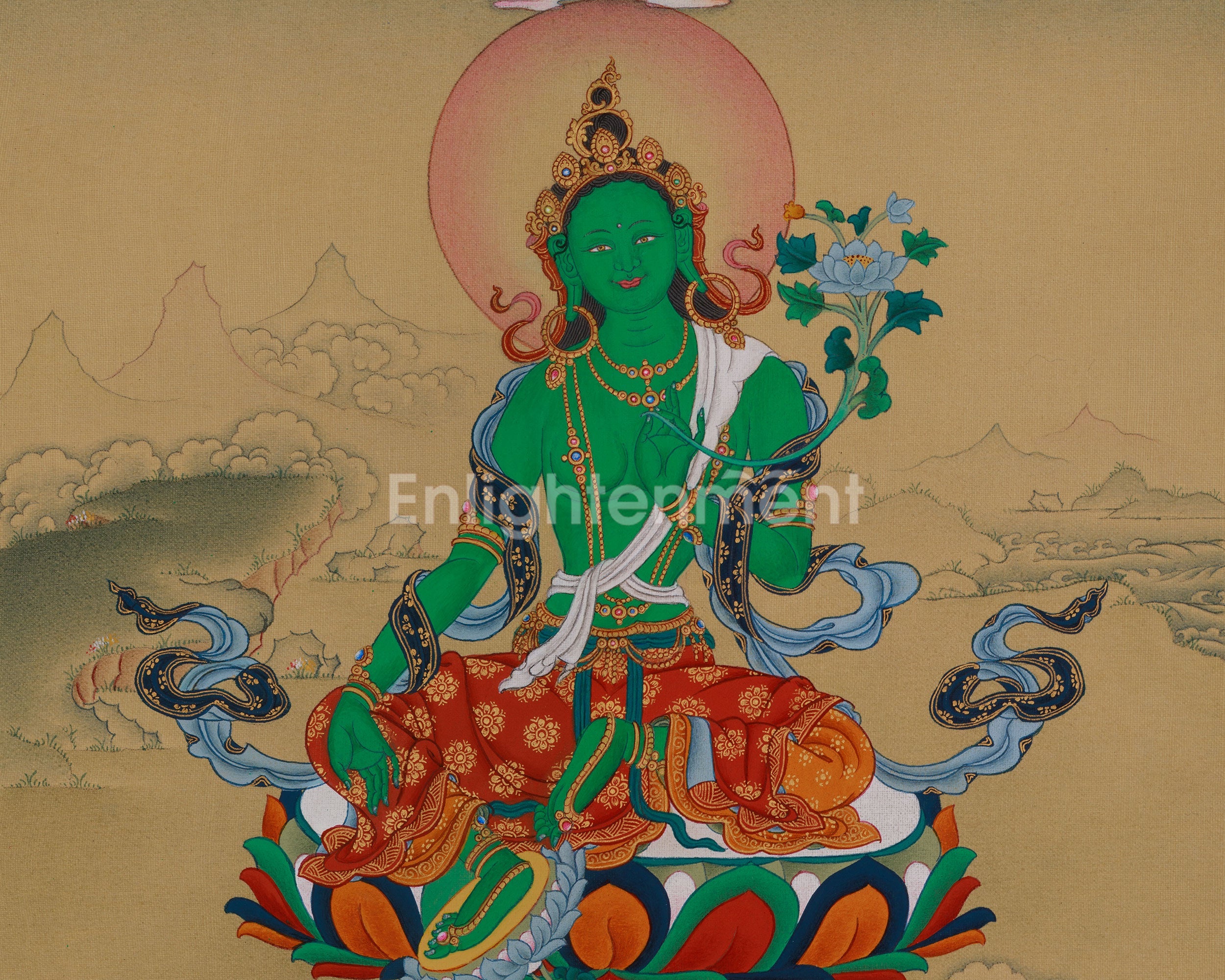 Green Tara With Amitabha Buddha Thangka | Symbolizing Swift Compassion and Protection