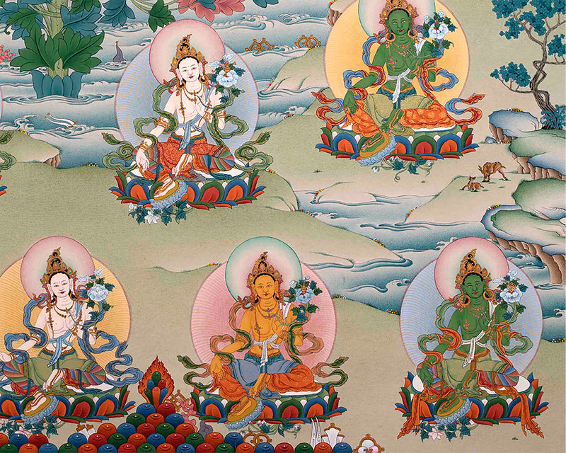 Traditionally Crafted Thangka Print For 21 Tara Praise | Tibetan Thangka Print For Mindfuless | Tibetan Buddhism Art