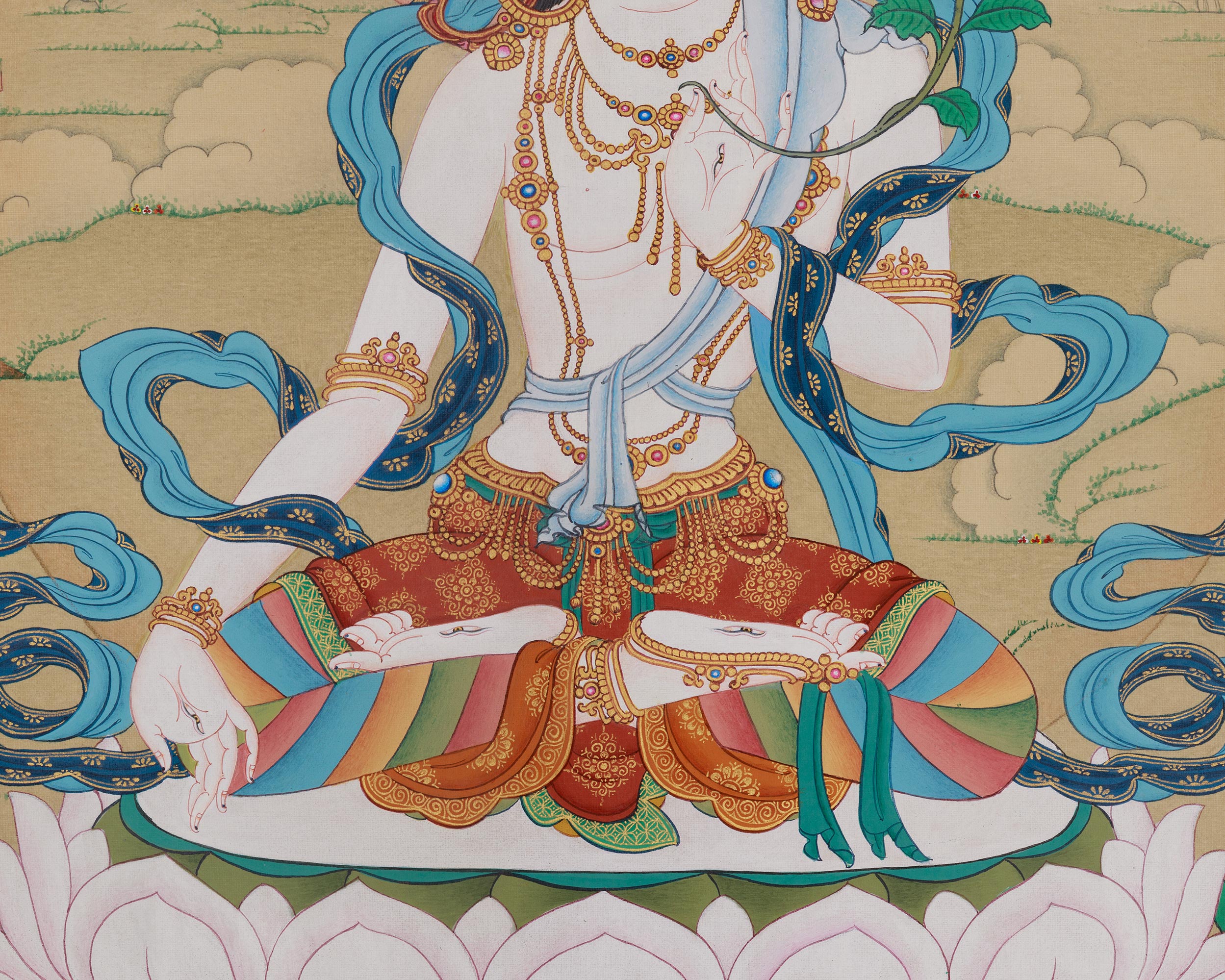 White Tara Healing Buddhist Art | Sacred Thangka of Compassion and Longevity