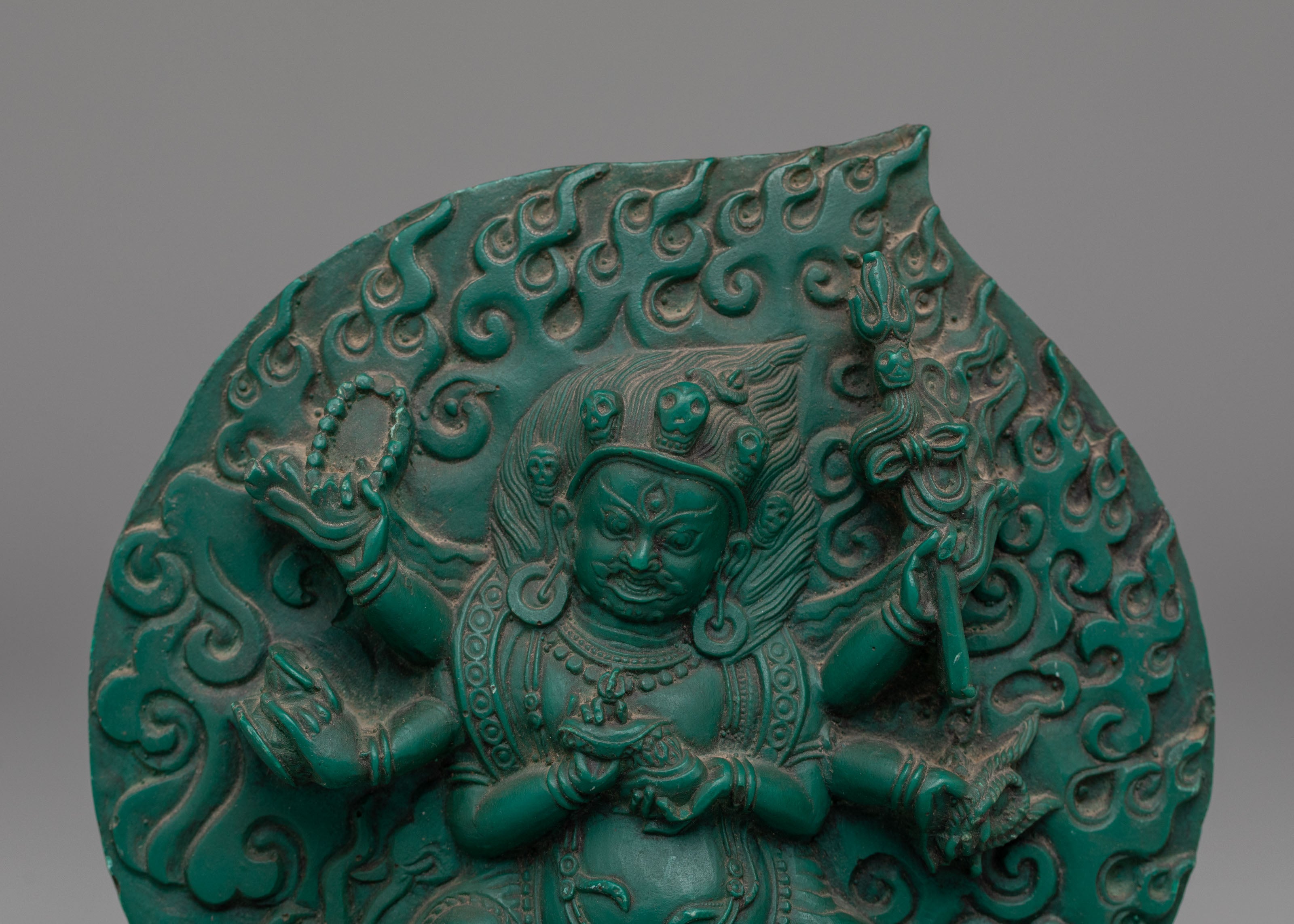 Sacred Six-Armed Mahakala Sculpture | Compressed Turquoise Buddhist Protector Statue