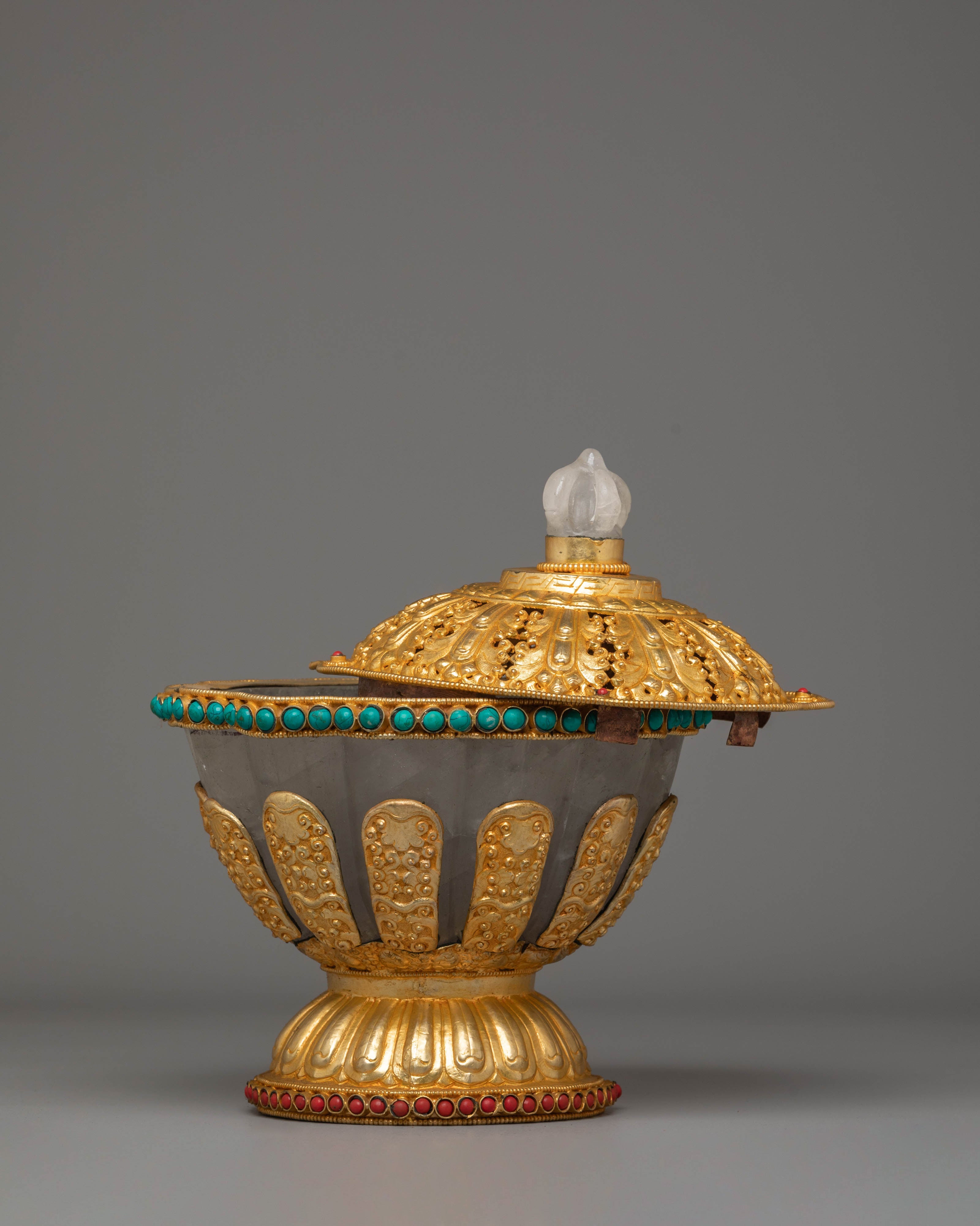 Spiritual Buddhist Dhupur Rice Pot | Gold-Plated Copper with Coral & Turquoise