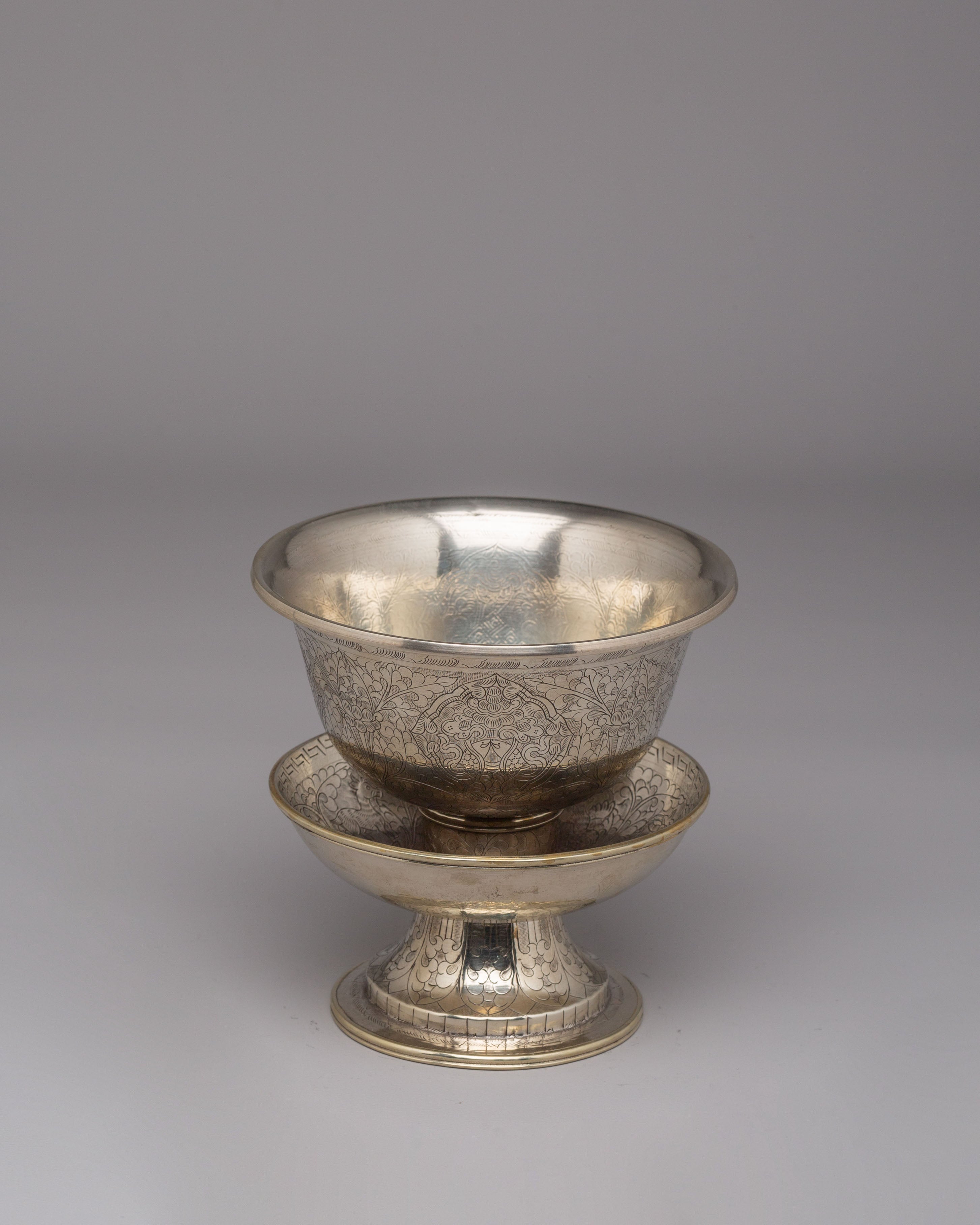 Tibetan Ritual Tea Cup Set | White Metal Ritual Cups for Altar Decor