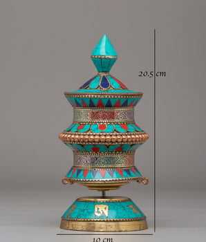 Handmade Tibetan Ritual Prayer Wheel | Copper Body with Gemstones