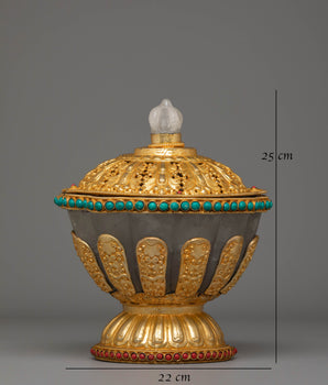 Spiritual Buddhist Dhupur Rice Pot | Gold-Plated Copper with Coral & Turquoise