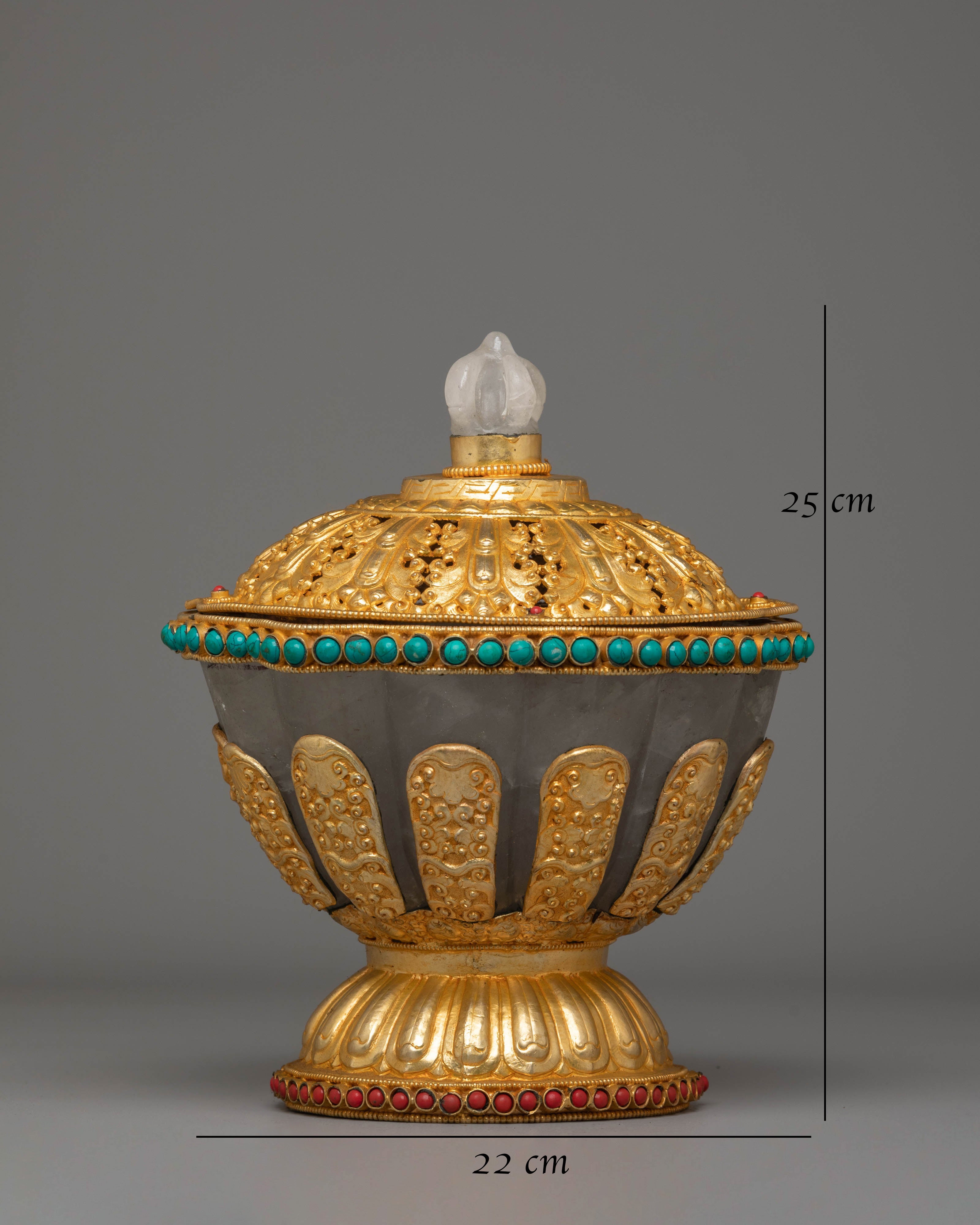 Spiritual Buddhist Dhupur Rice Pot | Gold-Plated Copper with Coral & Turquoise