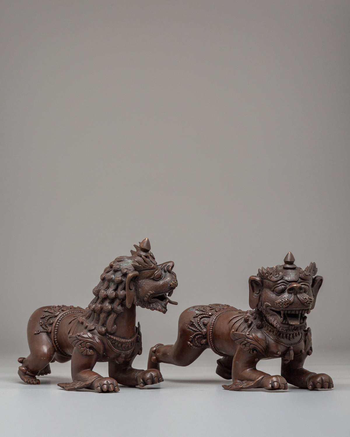 Guardian Lion Set Sculpture | Oxidized Copper Buddhist Protector Statues