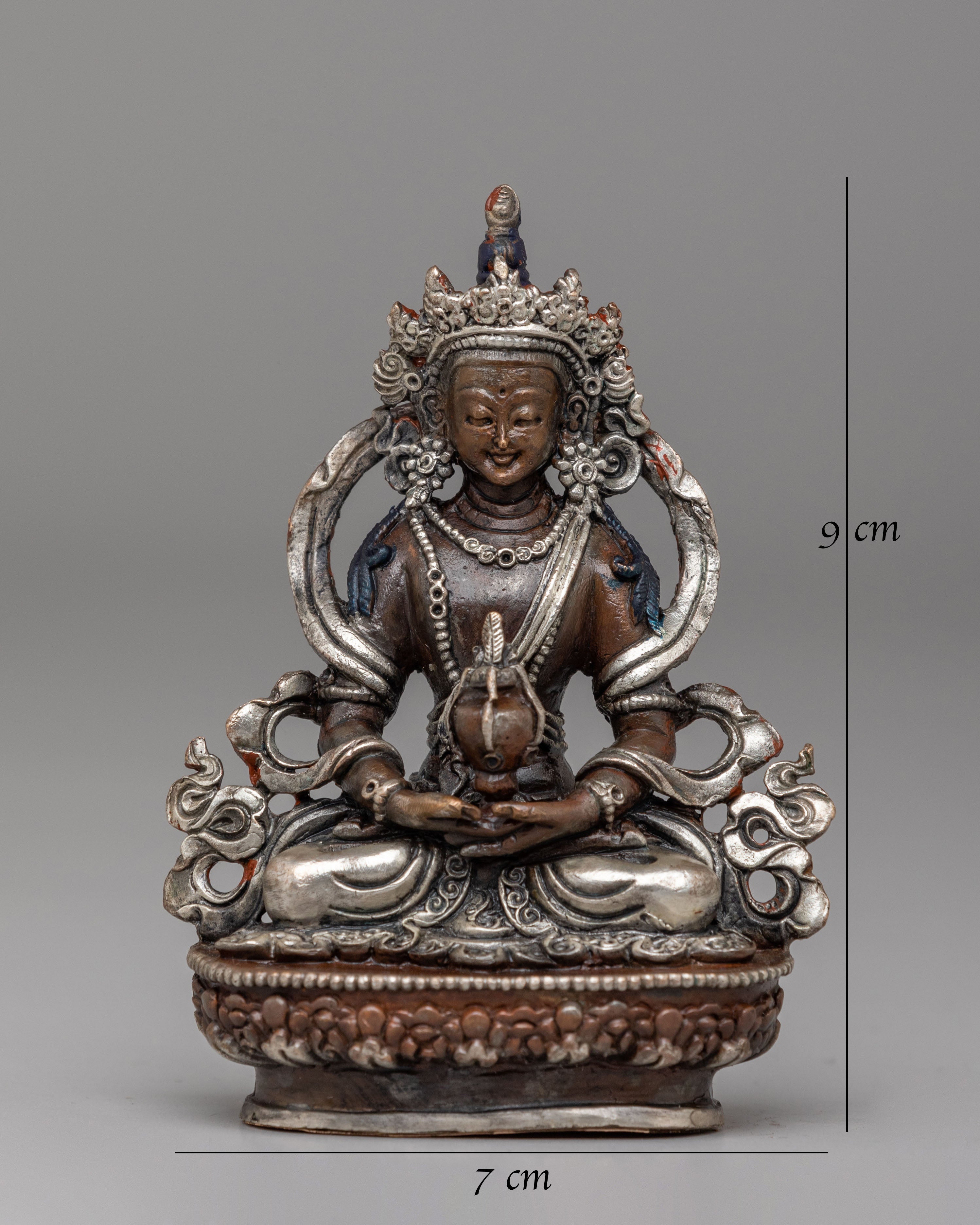 Traditional Amitayus Buddha Longevity Statue | Oxidized Copper Body with Silver Plating